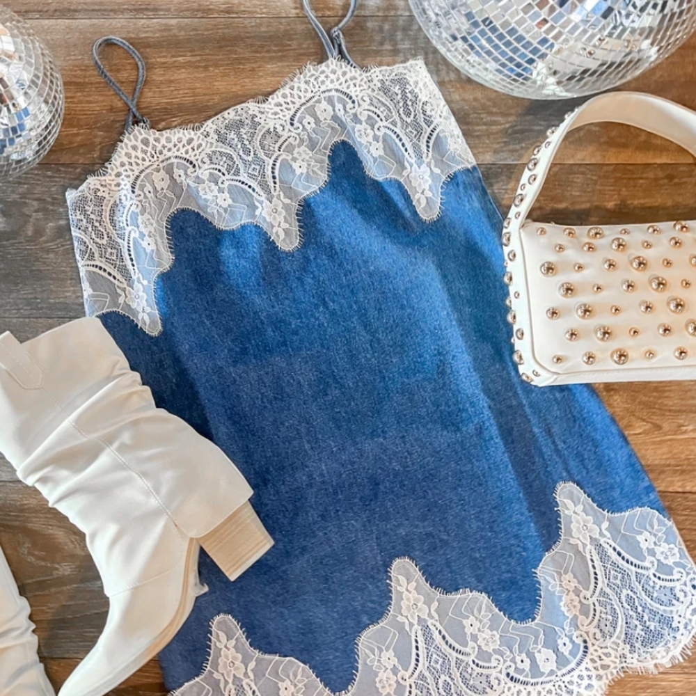 Denim Mini Dress with Lace Trim - Picture 4 of 9